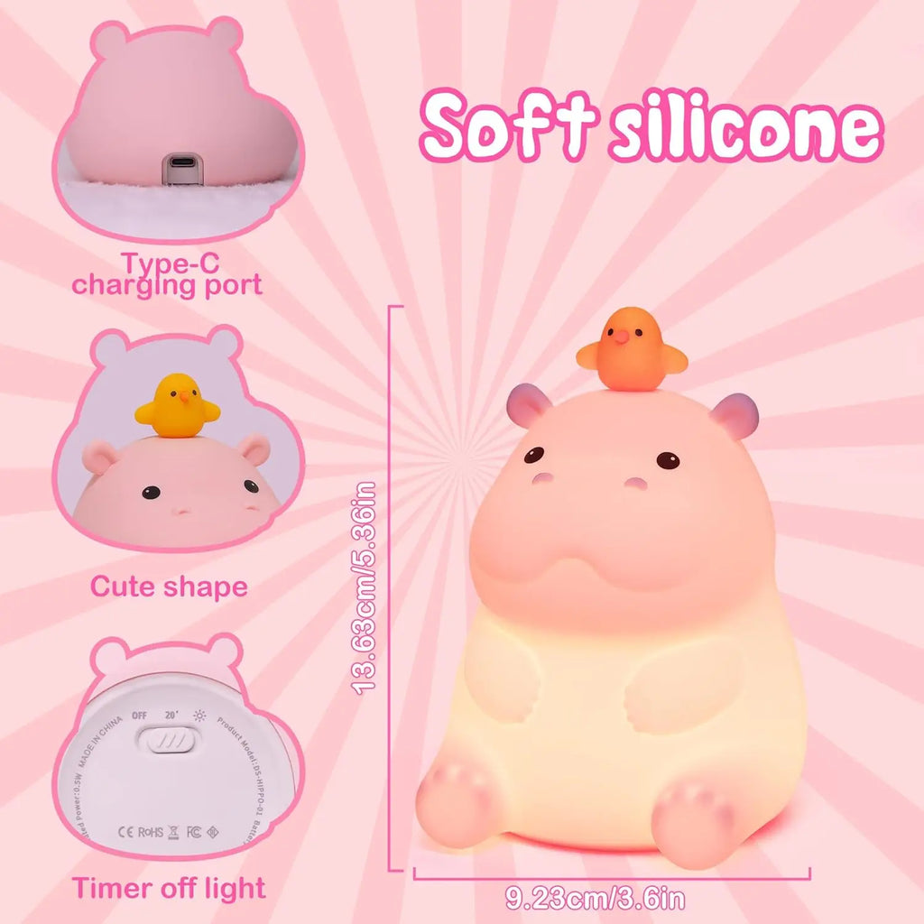 Pink Hippo LED Night Light – Squishy Silicone Touch Lamp 🦛