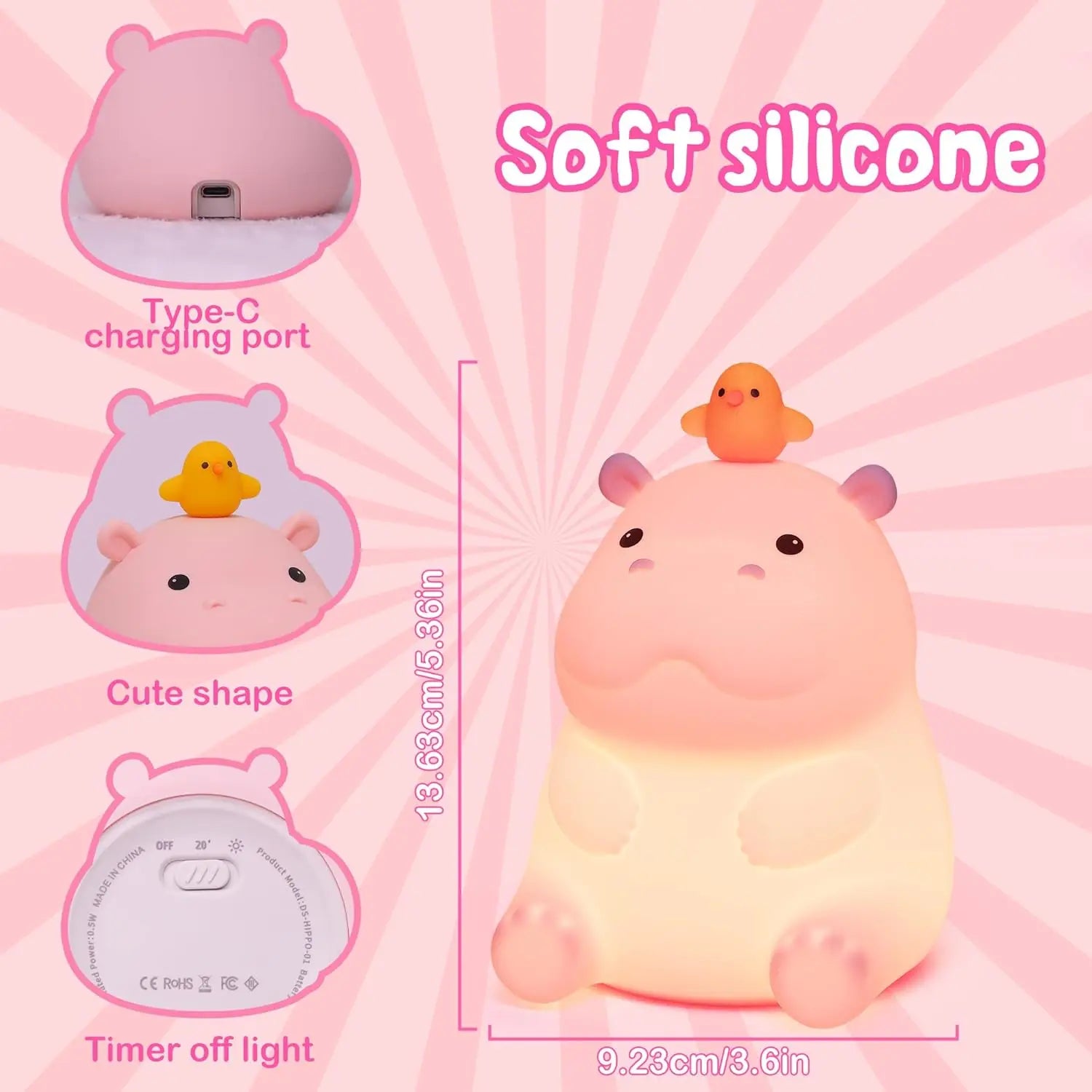 Pink Hippo LED Night Light – Squishy Silicone Touch Lamp 🦛