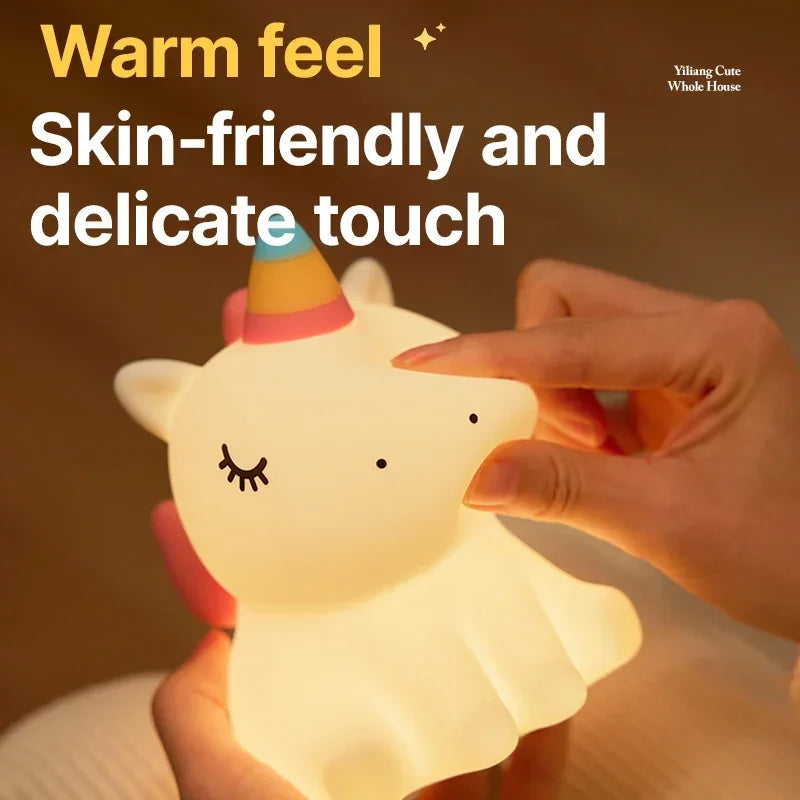 Cartoon Unicorn LED Night Lamp – Cute Silicone Pat Light for Cozy Reading & Decor