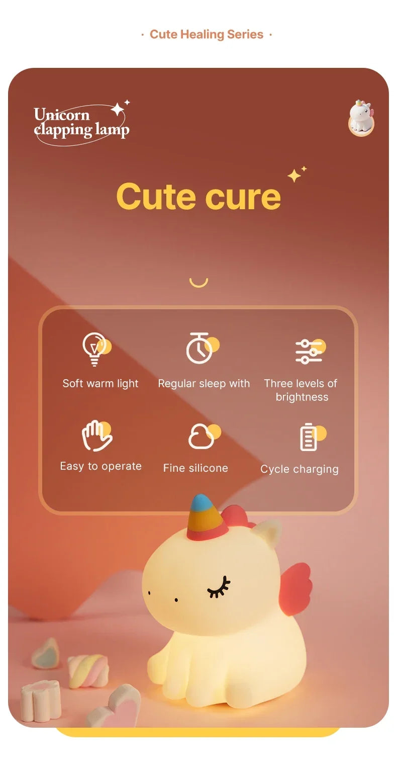 Cartoon Unicorn LED Night Lamp – Cute Silicone Pat Light for Cozy Reading & Decor