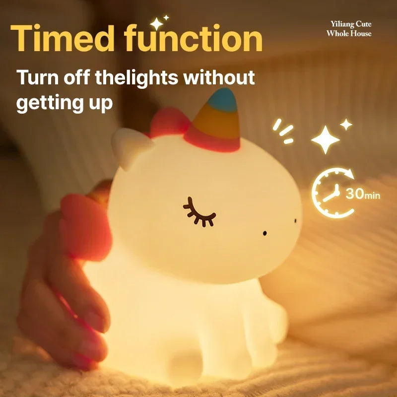 Cartoon Unicorn LED Night Lamp – Cute Silicone Pat Light for Cozy Reading & Decor