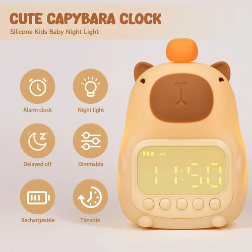 Capybara LED Night Light & Alarm Clock – Silicone USB Rechargeable Lamp