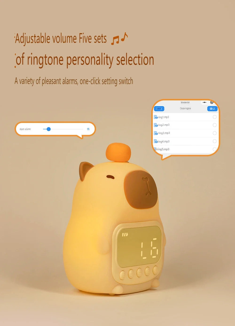 Capybara LED Night Light & Alarm Clock – Silicone USB Rechargeable Lamp