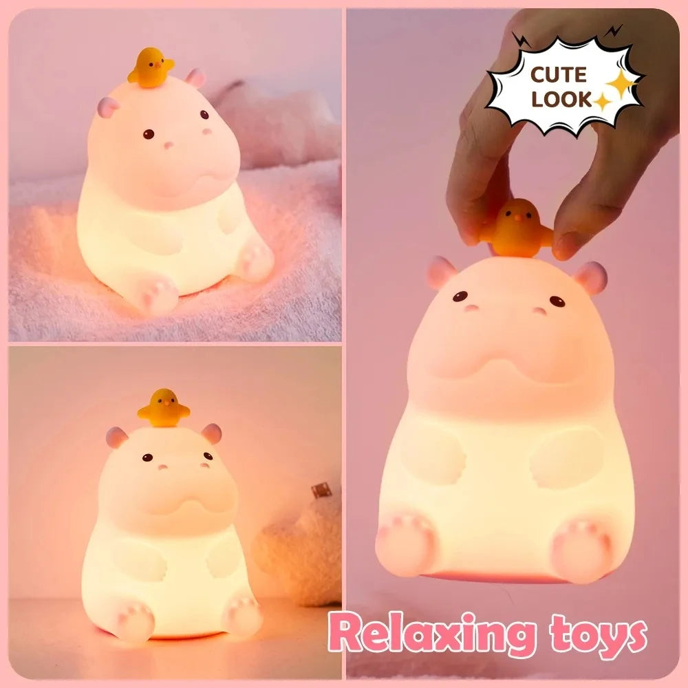 Pink Hippo LED Night Light – Squishy Silicone Touch Lamp 🦛
