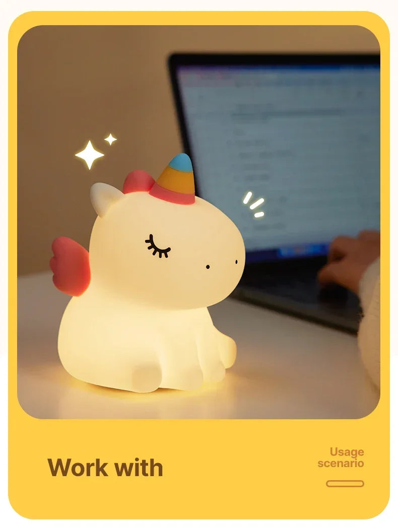 Cartoon Unicorn LED Night Lamp – Cute Silicone Pat Light for Cozy Reading & Decor
