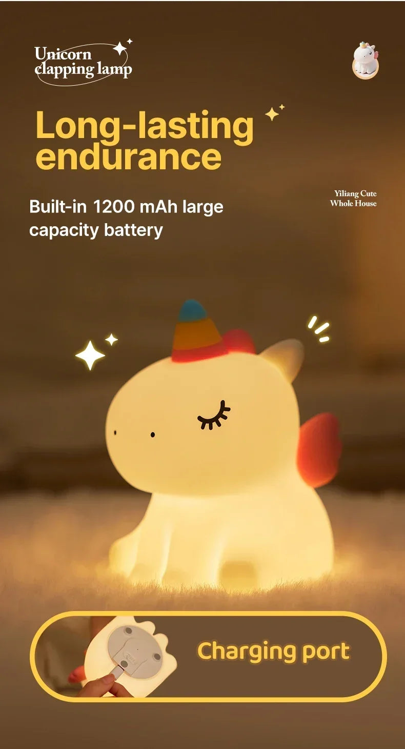 Cartoon Unicorn LED Night Lamp – Cute Silicone Pat Light for Cozy Reading & Decor