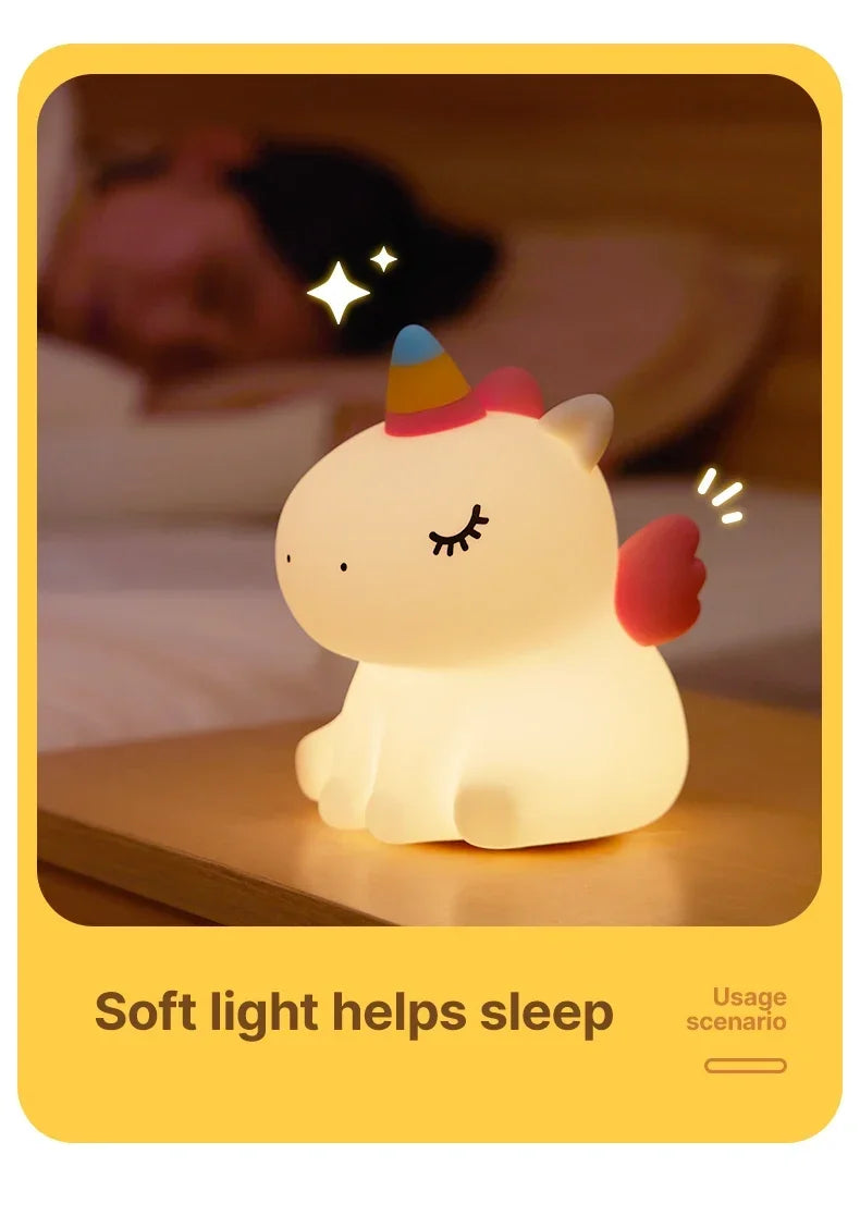 Cartoon Unicorn LED Night Lamp – Cute Silicone Pat Light for Cozy Reading & Decor