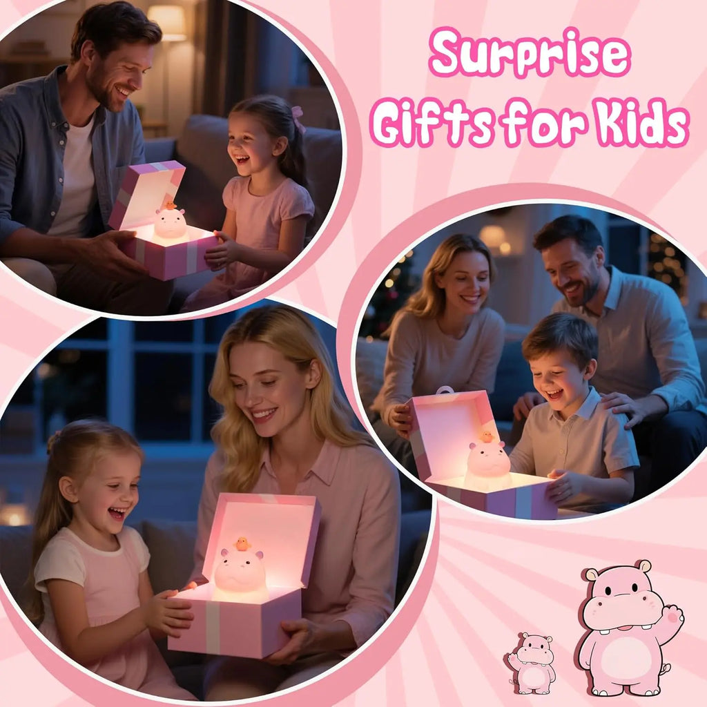 Pink Hippo LED Night Light – Squishy Silicone Touch Lamp 🦛