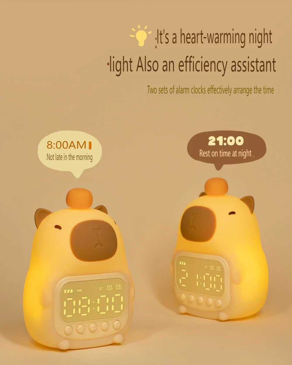 Capybara LED Night Light & Alarm Clock – Silicone USB Rechargeable Lamp