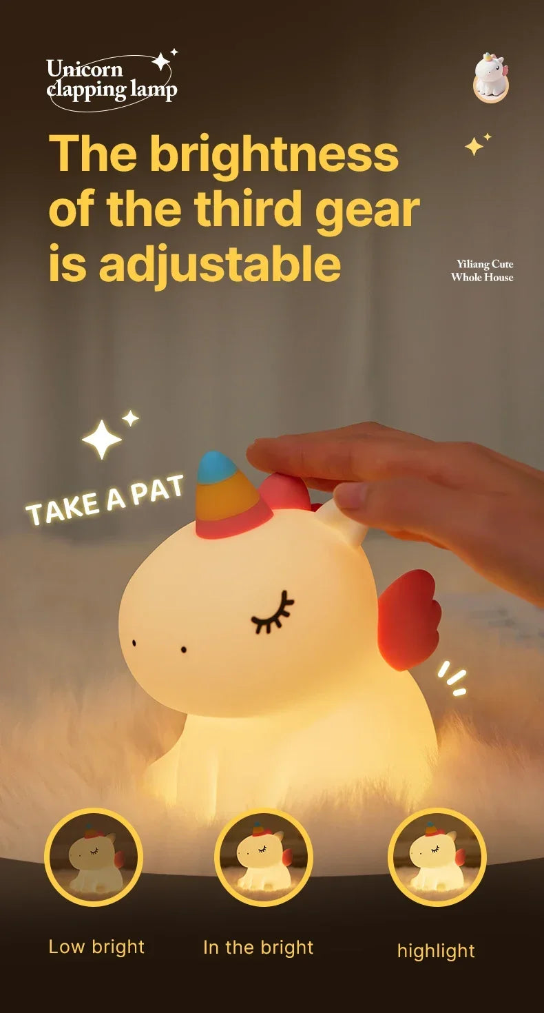 Cartoon Unicorn LED Night Lamp – Cute Silicone Pat Light for Cozy Reading & Decor