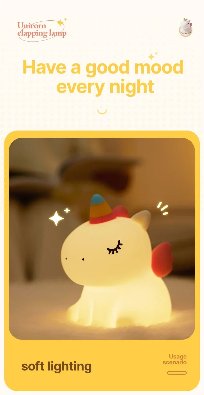 Cartoon Unicorn LED Night Lamp – Cute Silicone Pat Light for Cozy Reading & Decor