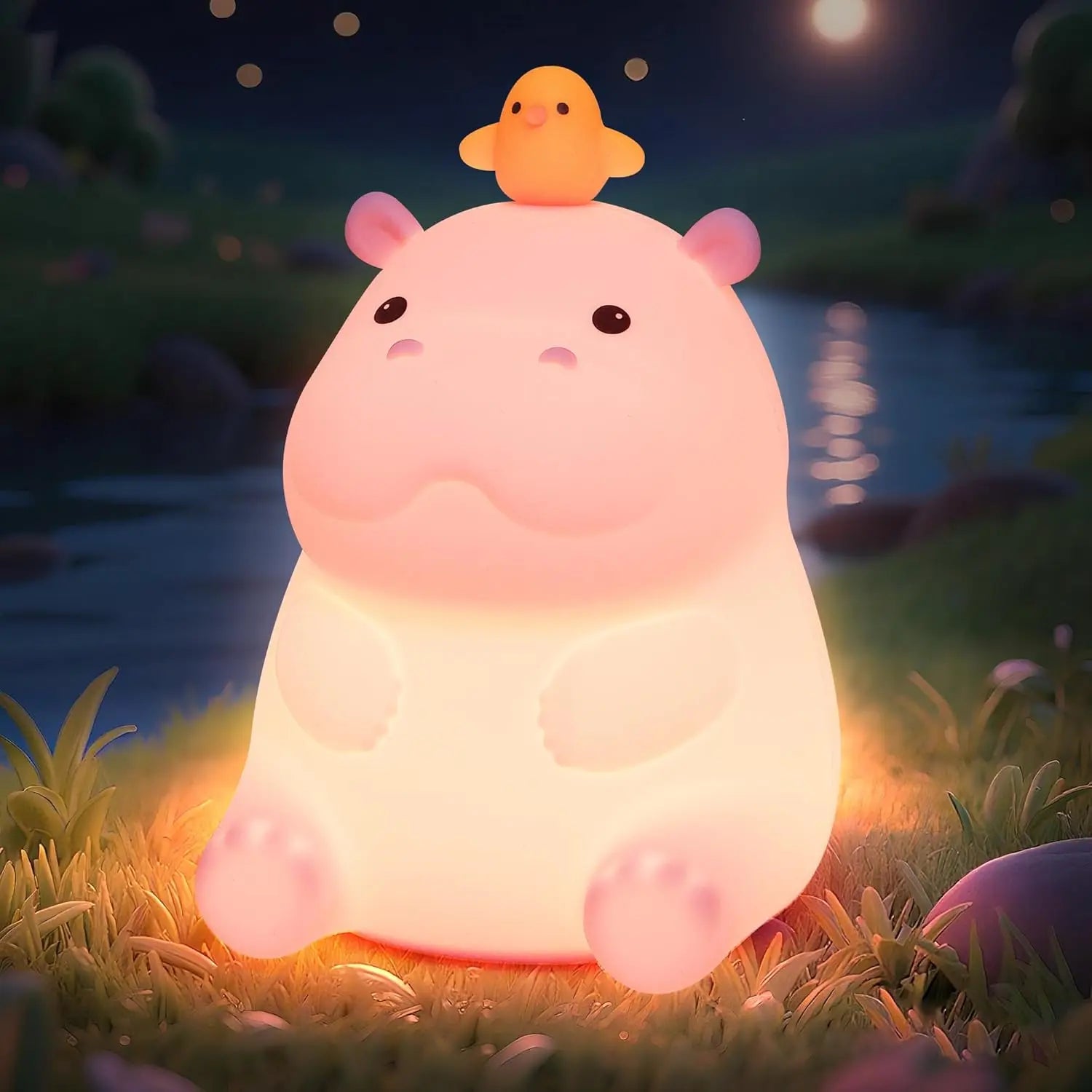 Pink Hippo LED Night Light – Squishy Silicone Touch Lamp 🦛