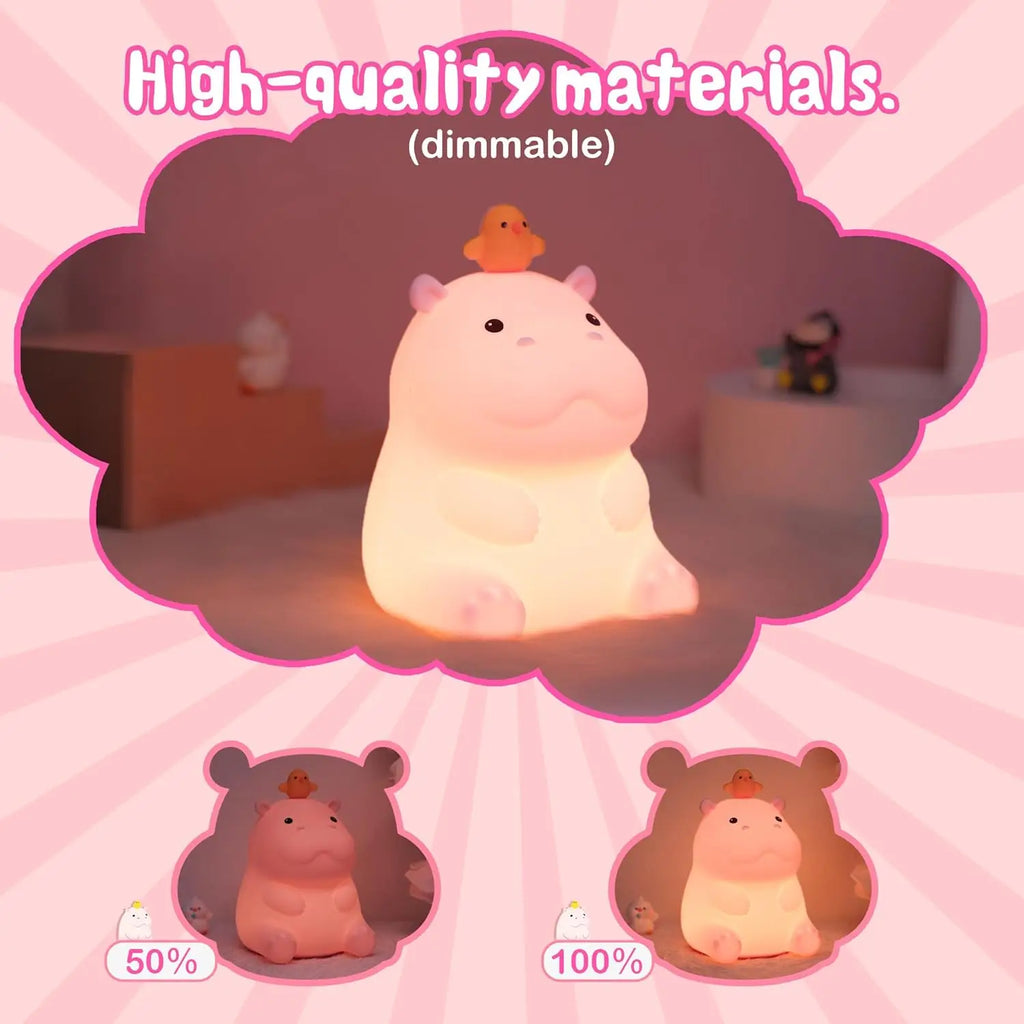 Pink Hippo LED Night Light – Squishy Silicone Touch Lamp 🦛