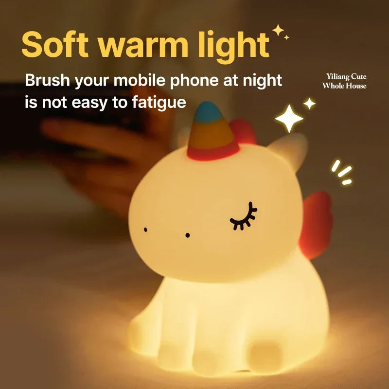 Cartoon Unicorn LED Night Lamp – Cute Silicone Pat Light for Cozy Reading & Decor