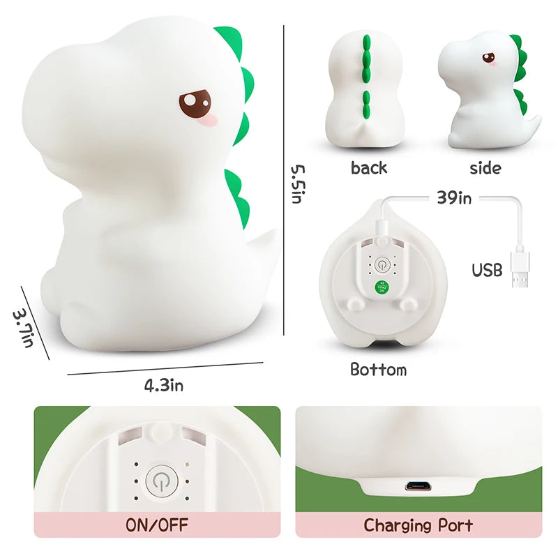 Dinosaur LED Night Light – Touch Sensor Color-Changing Silicone Lamp 🦕