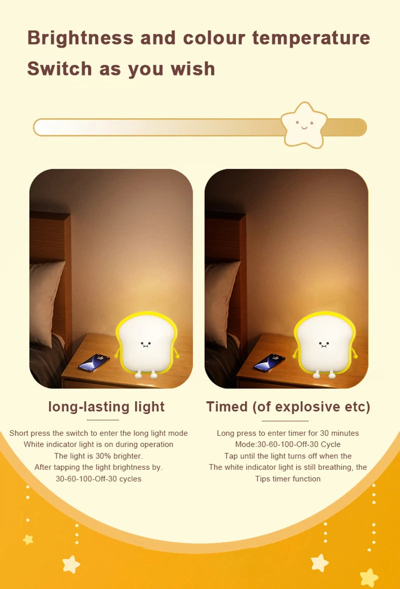 Toast Bread LED Night Light – Touch Sensor Silicone USB Lamp with Phone Holder 🍞