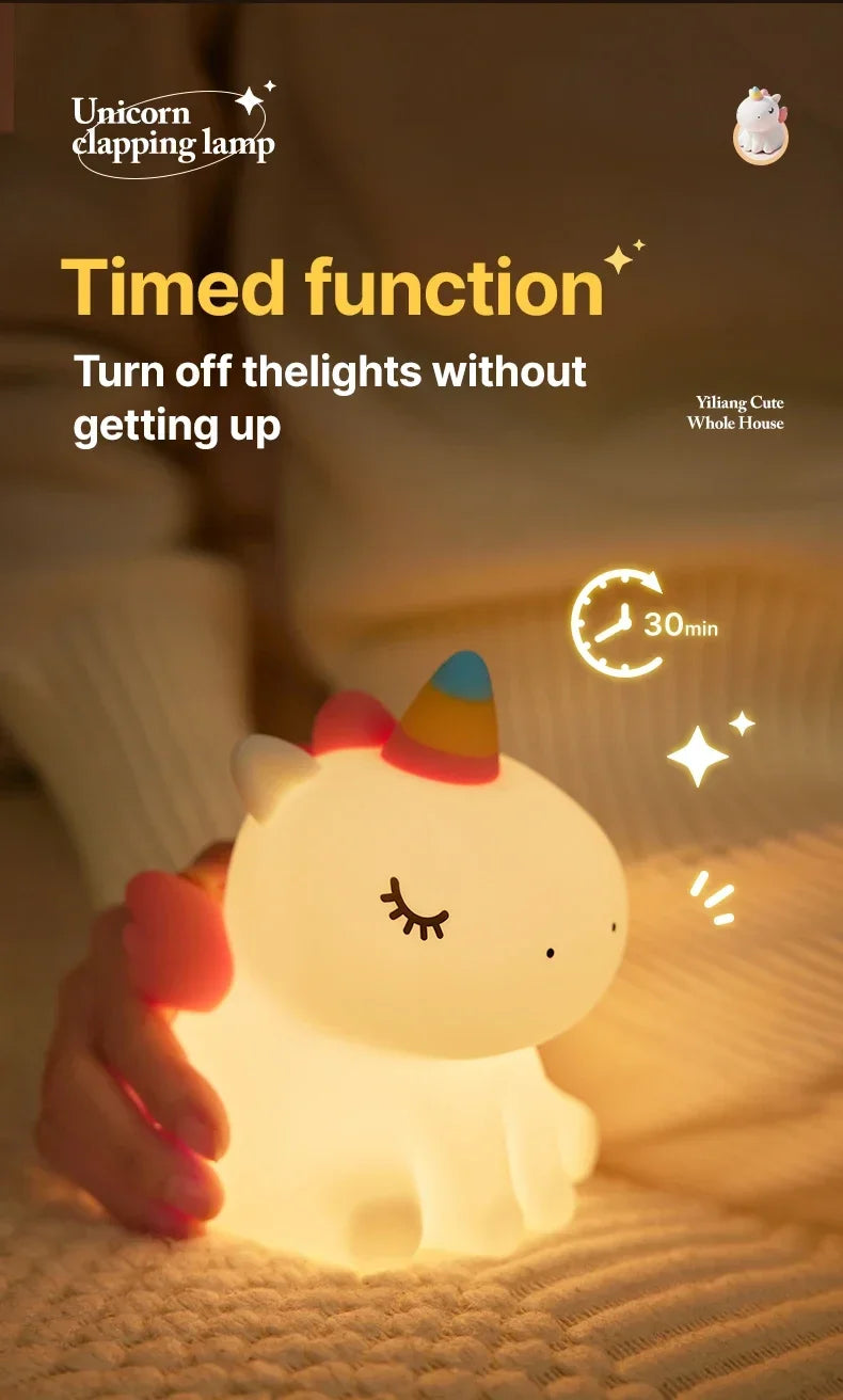 Cartoon Unicorn LED Night Lamp – Cute Silicone Pat Light for Cozy Reading & Decor
